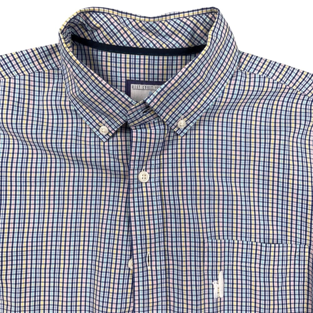 Johnnie-O West Coast Prep Shirt Men Medium Blue Pink Gingham Plaid OCBD Colorful